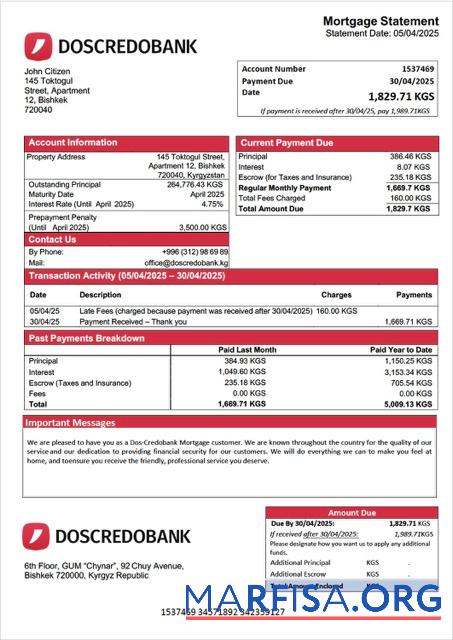 Printable Kyrgyzstan Dos Credobank mortgage statement Word and PDF template